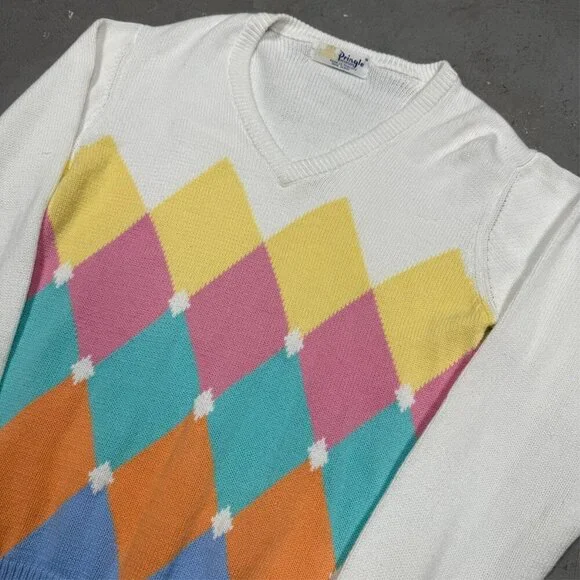 Vintage Pringle of Scotland Colorful Diamond Cotton V-Neck Sweater Knit Small - Picture 2 of 5